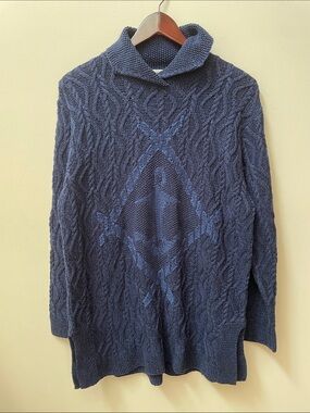 Vintage Jaeger Cable Knit Shawl Collar Sweater navy nautical anchor 100% cotton